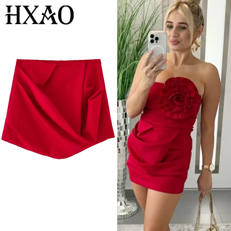 HXAO Damen Rüschen Roter Rock Sommer 2025, eleganter Mini-Rüschenrock mit hoher Taille, Faltenröcke für Frauen, koreanischer Stil, Röcke 066 Image