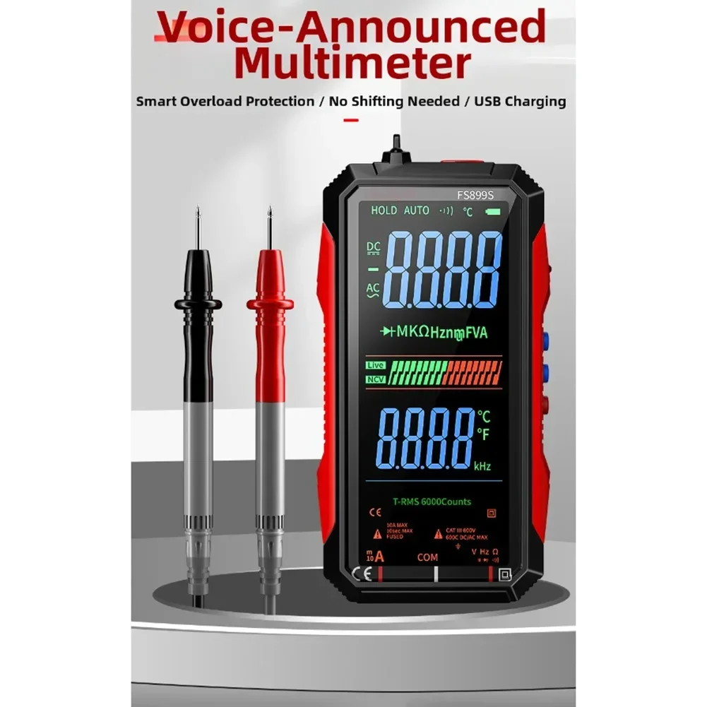 FS899C Wiederaufladbares 4,8-Zoll-Großbildschirm mit 6000 Zählungen, intelligentes Digitalmultimeter, automatische Bereichswahl, Kapazität, Ohm, Hz, Diode, Live-Check Image