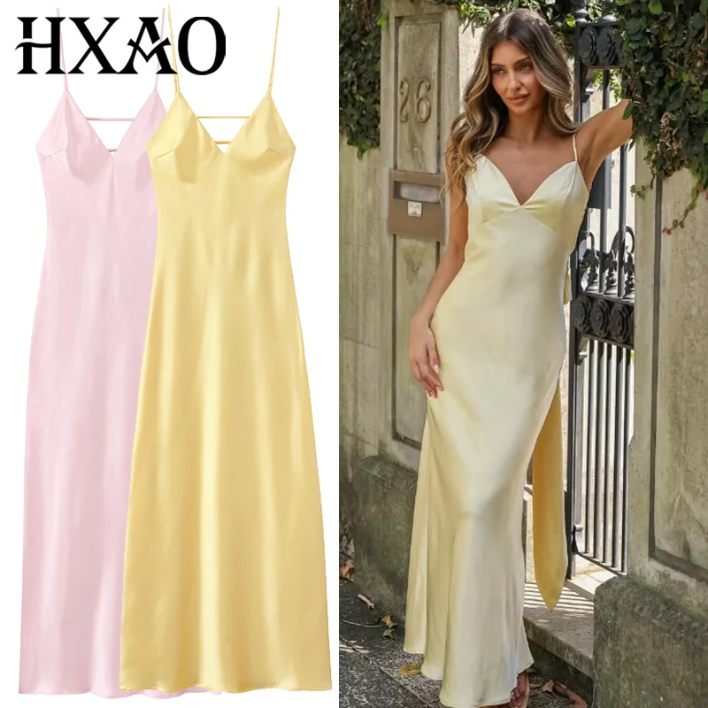HXAO Gelbes Damen-Slipkleid, Sommer 2022, Damen-Satin, V-Ausschnitt, Partykleider, eleganter Abend, ärmellos, rückenfrei, lang, Vestidos 066 Image