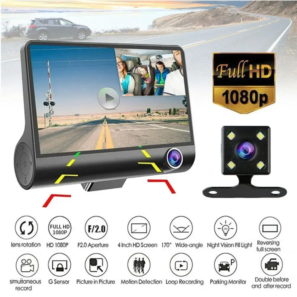 Neue 1080P 3-Objektiv-Dashcam 170 ° Weitwinkel Full HD Auto DVR Recorder G-Sensor Rückfahrkamera für Auto Image
