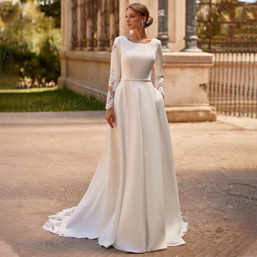 Bescheidene A-Linie Brautkleider für Damen, einfache Applikationen, Spitze, Brautkleider, klassisch, O-Ausschnitt, lange Ärmel, maßgeschneidert, Vestido De Noivas Image