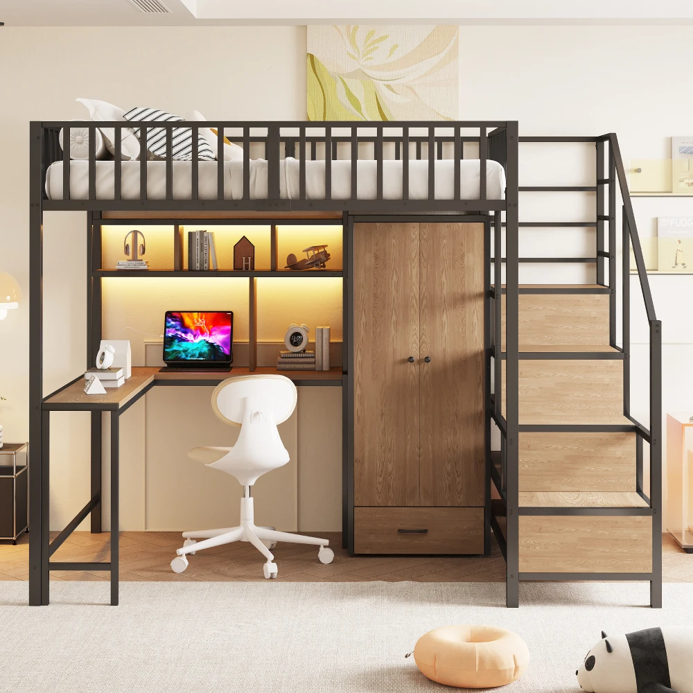 140x200cm Metall-Hochbett mit Schreibtisch, Kleiderschrank und Schubladen, Aufbewahrungsleiter und Sicherheitsfächern, Ladebox und LED-Beleuchtung Image