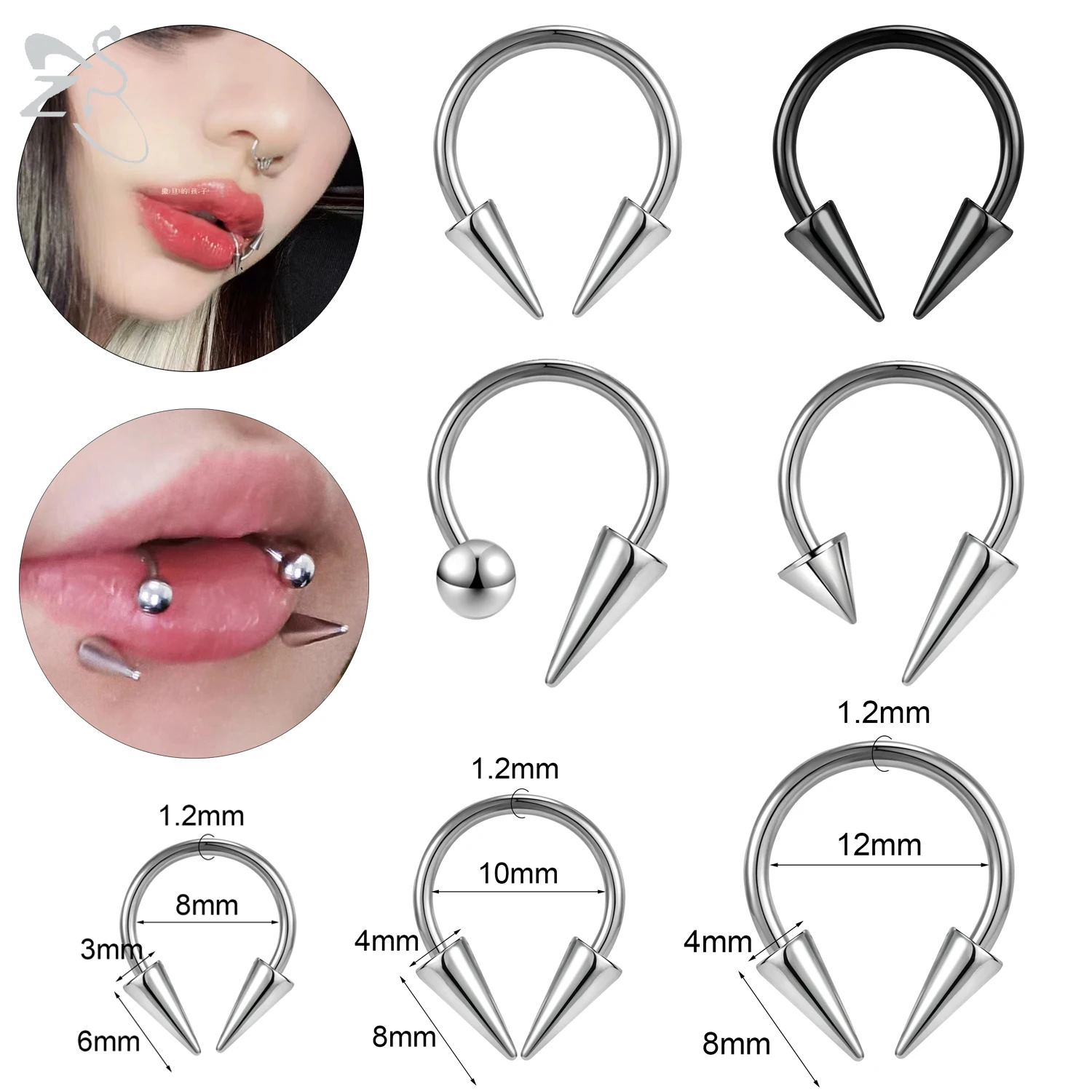 ZS 1PC 16G C Form Edelstahl Nase Ring Hufeisen Spike Lip Ringe Schwarz Farbe Ohr Tragus Helix knorpel Piercing 8-10mm Image