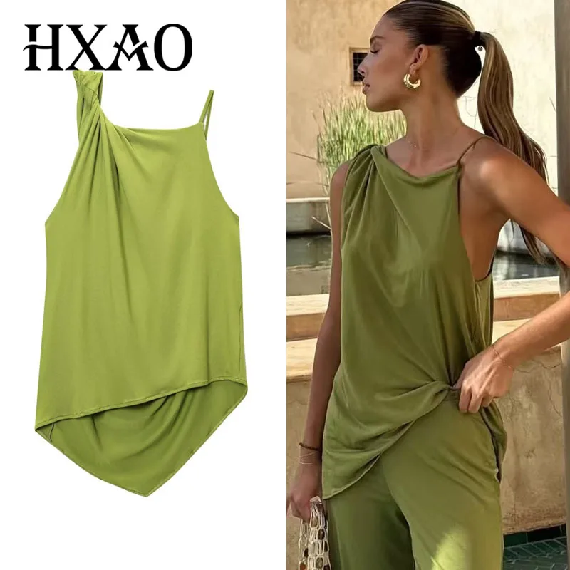 Top Frauen Sommer Tank Ärmelloses Top Mit Offenem Rücken Rüschen Asymmetrische Slip Top Sexy Street Style CasualOversize Grün Tops