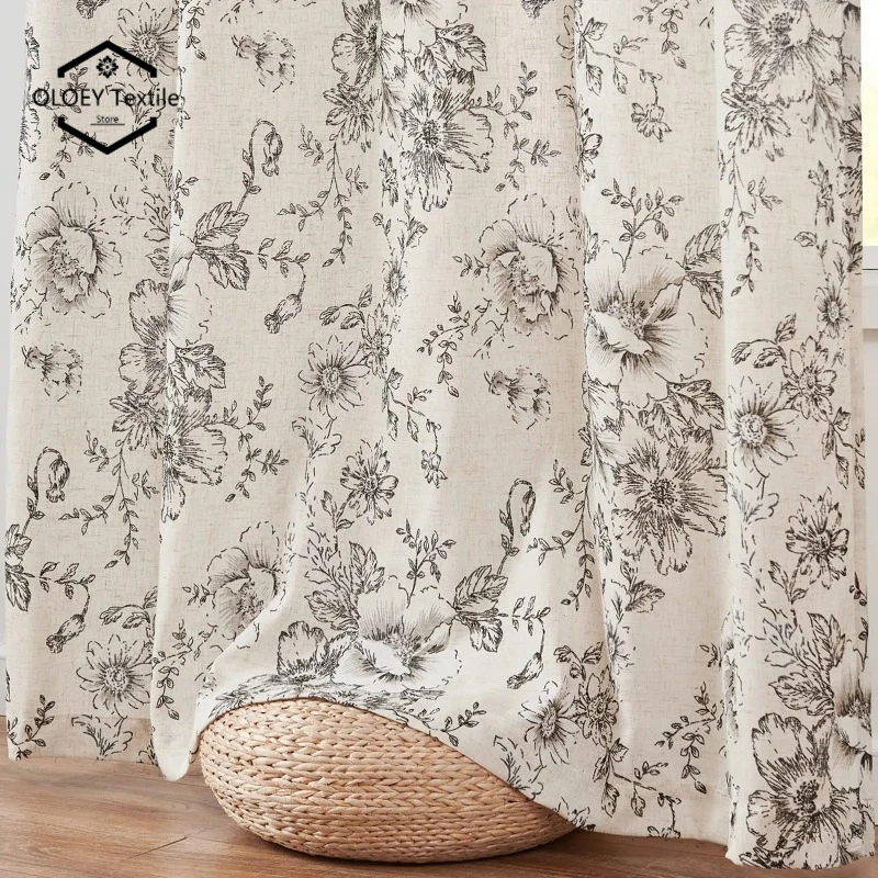 Baumwoll-Leinen-Vorhänge, Blumenvorhänge für Wohnzimmer, Stangentasche, Bauernhaus, Pfingstrose, Blumenmuster, Vorhänge, Schlafzimmer, Fenstervorhang Image