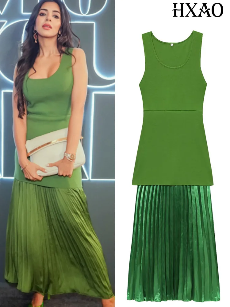 HXAO Patchwork Gestrickte Damen Kleider Grün Abend Party Sommer Stricken Lange Kleider Ärmellose Weibliche Elegante Neue Kleidung Image