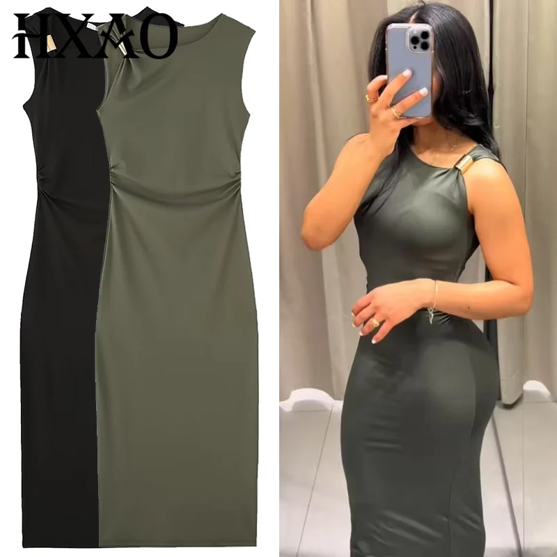 HXAO Damen Rüschen, figurbetonte Kleider, grün, schwarz, Sommer, Frau, sexy, ärmellos, lange Kleider, asymmetrisches Korsett, Vestidos 066