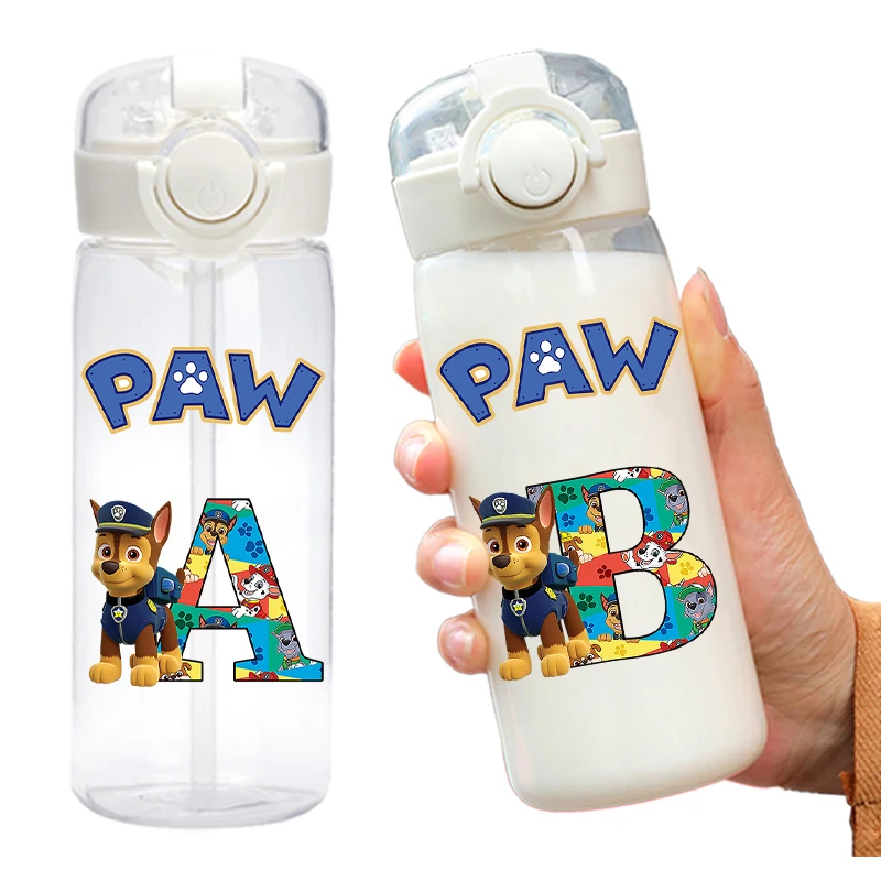400 ml Paw Patrol Transparente Wasserflasche mit Strohhalm, Cartoon-Buchstabe, bedruckt, Wasserbecher für Jungen und Mädchen, tragbare Sportbecher, Kindergeschenke Image