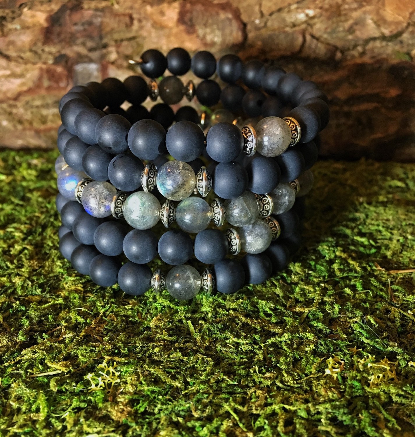 Bracciale Mala in labradorite e onice / 108 perline Mala / Mala da polso unisex / Bracciale Mala con perline da preghiera / Yoga Meditazione Zen / Bra