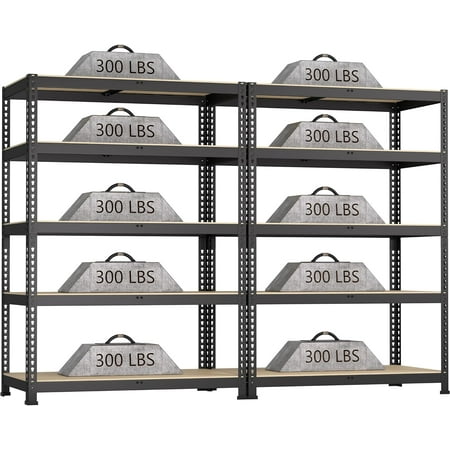 2 Packs 35.5 W x 16 D x 71 H Adjustable Garage Storage Shelves - 5-Shelf Heavy Duty Shelving Unit Metal Utility Storage Organizer Racks for Warehouse Pantry Closet Kitchen Black