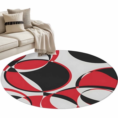 Rectangle Rug 4ft Area Rug Red Black Gray Geometric Art Area Rugs for Living Room Bedroom Modern Abstract Circle Stripes Floor Mat Non-Slip Non-Shedding Carpet Indoor Accent Rugs