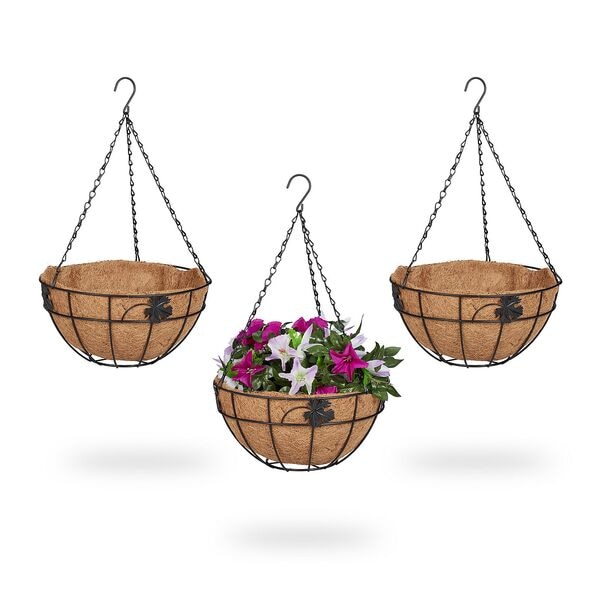 relaxdays 3er-Set Blumenampeln mit Kokoseinlage floral mehrfarbig