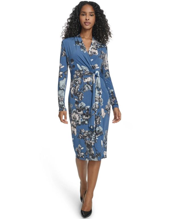 Printed Surplice V-neck Midi Dress - Blue - Calvin Klein Dresses