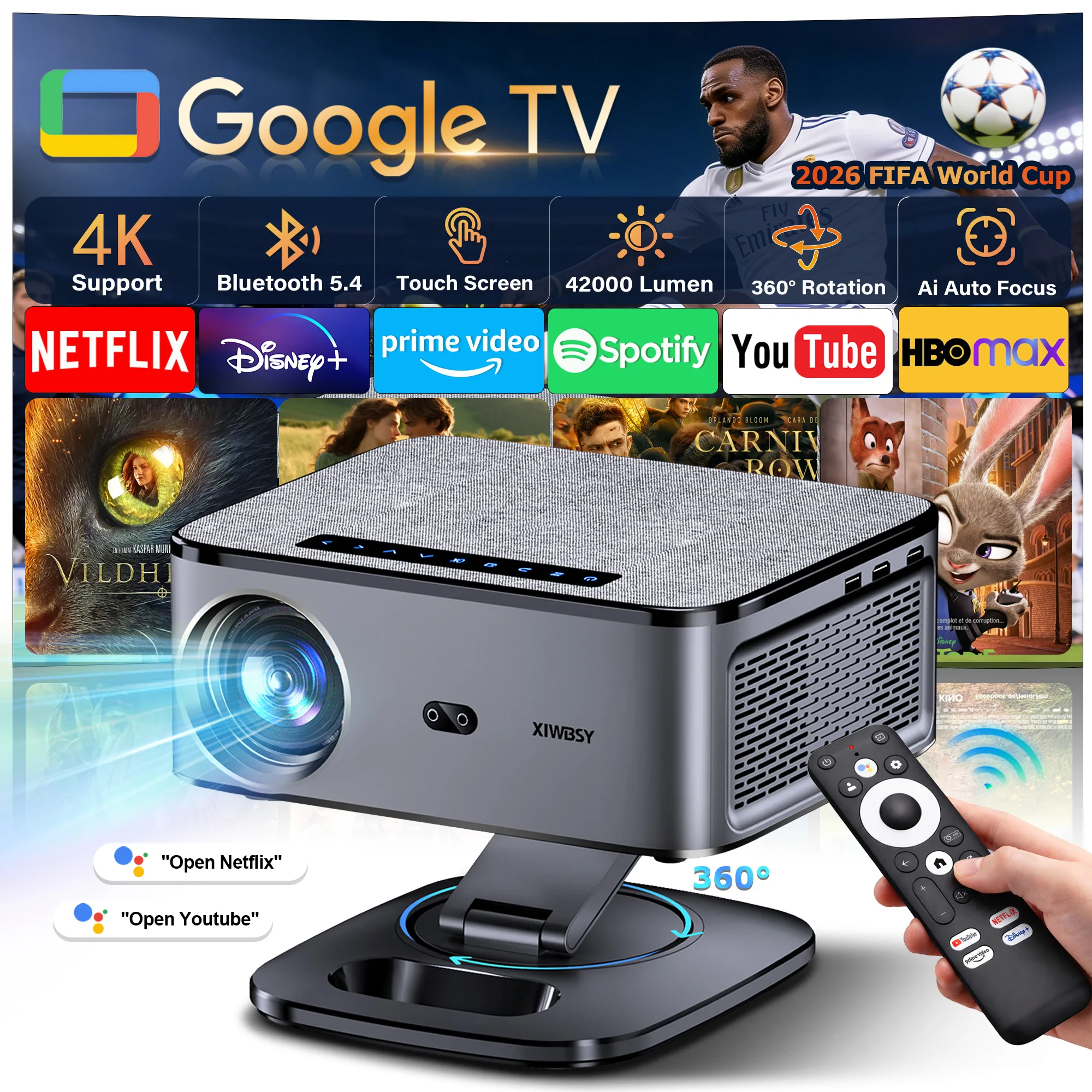 Proiettore XIWBSY 4K Google TV 42000 Lumen, Android 11.0, Proiettore per Film, Home Theater, WiFi6, BT5.4, Proiettore Video Smart Ufficiale