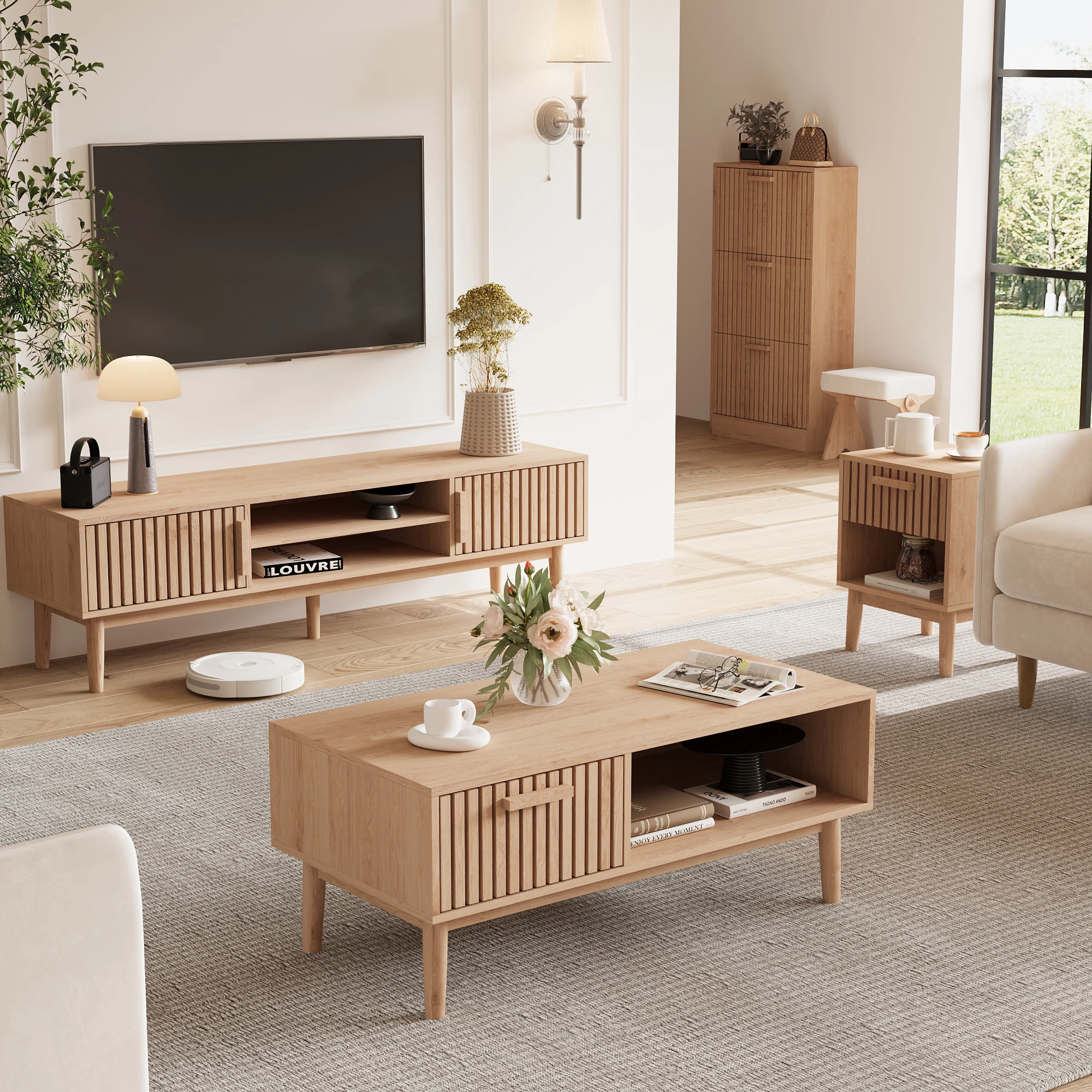 Mobile TV Rosahqnda 150cm, 2 Comodini, Mobile Basso in Legno per TV 55 60 65 Pollici, Supporto TV con Anta e Ripiano, Design Moderno