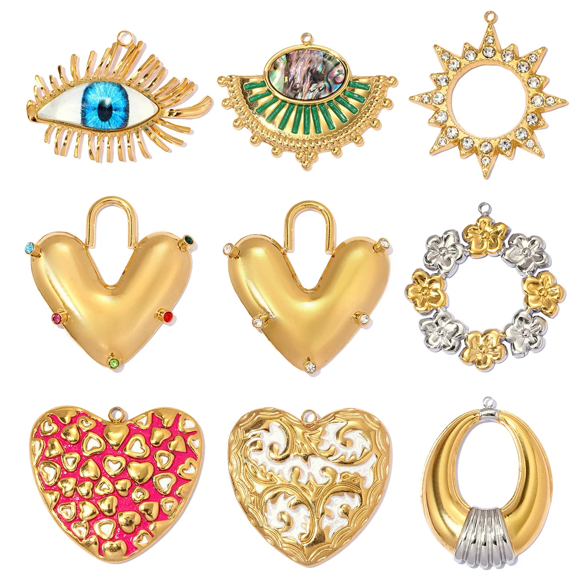 Set da 3 Pezzi: Grandi Ciondoli Smaltati in Acciaio Inossidabile a Forma di Occhio, Fiore, Ghirlanda, Cuore e Sole per Orecchini Fai da Te e Collane da Donna - Ingrosso