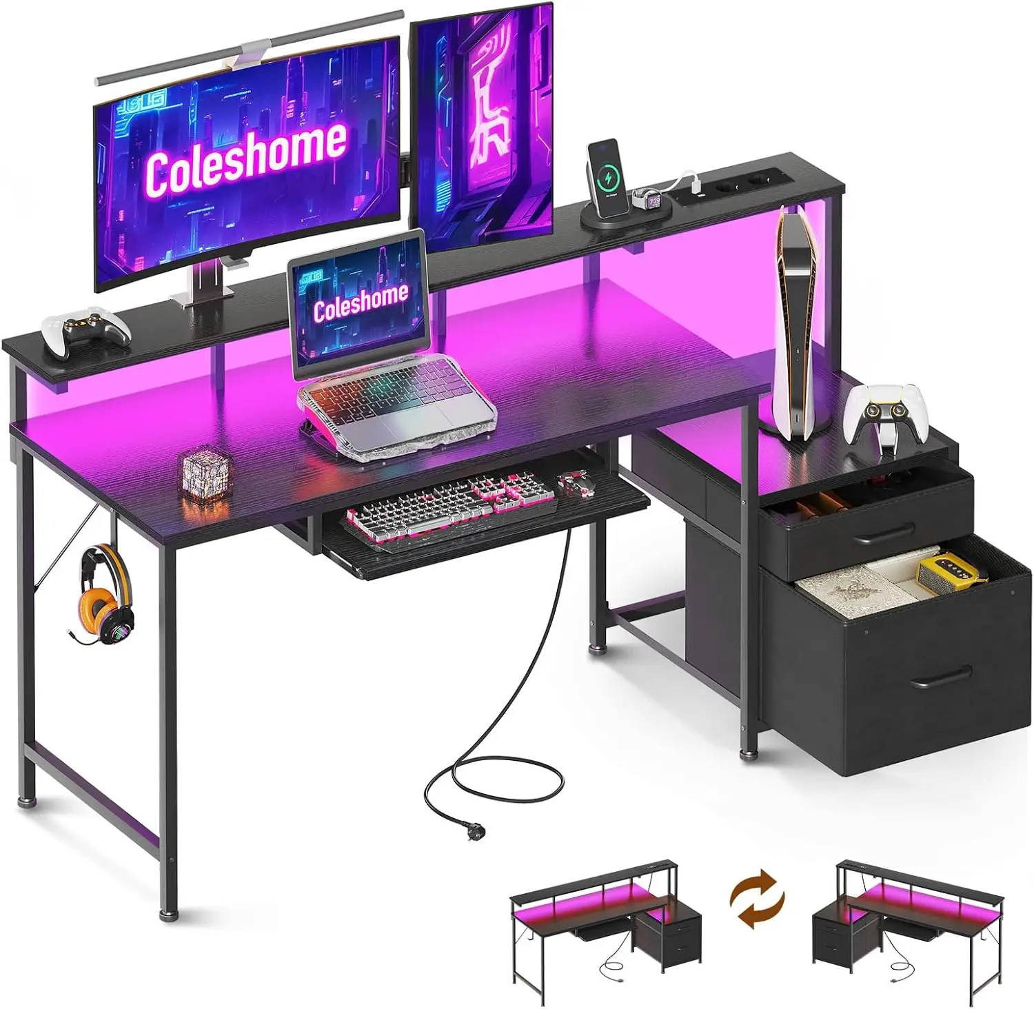 Scrivania da gaming Coleshome con LED, 140x48 cm, nera, cassetti in tessuto, 2 prese e 2 porte USB, supporto per monitor Home Office