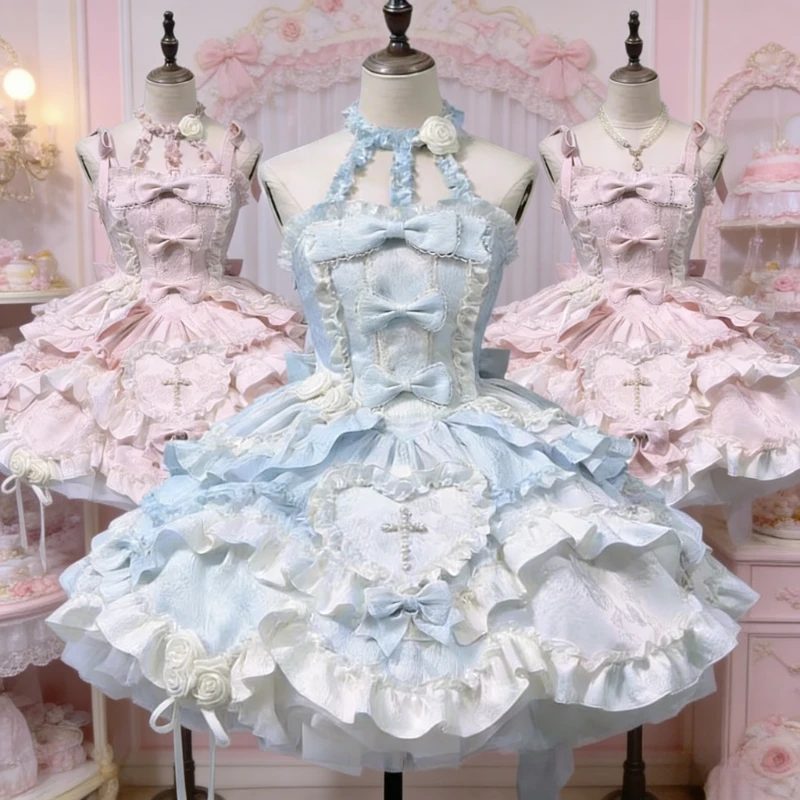 Abito Giapponese Lolita Cosplay Senza Maniche con Bretelle, Vestito da Donna Harajuku al Ginocchio con Pizzo e Fiocco, Abito da Ballo Giapponese per Tutte le Stagioni