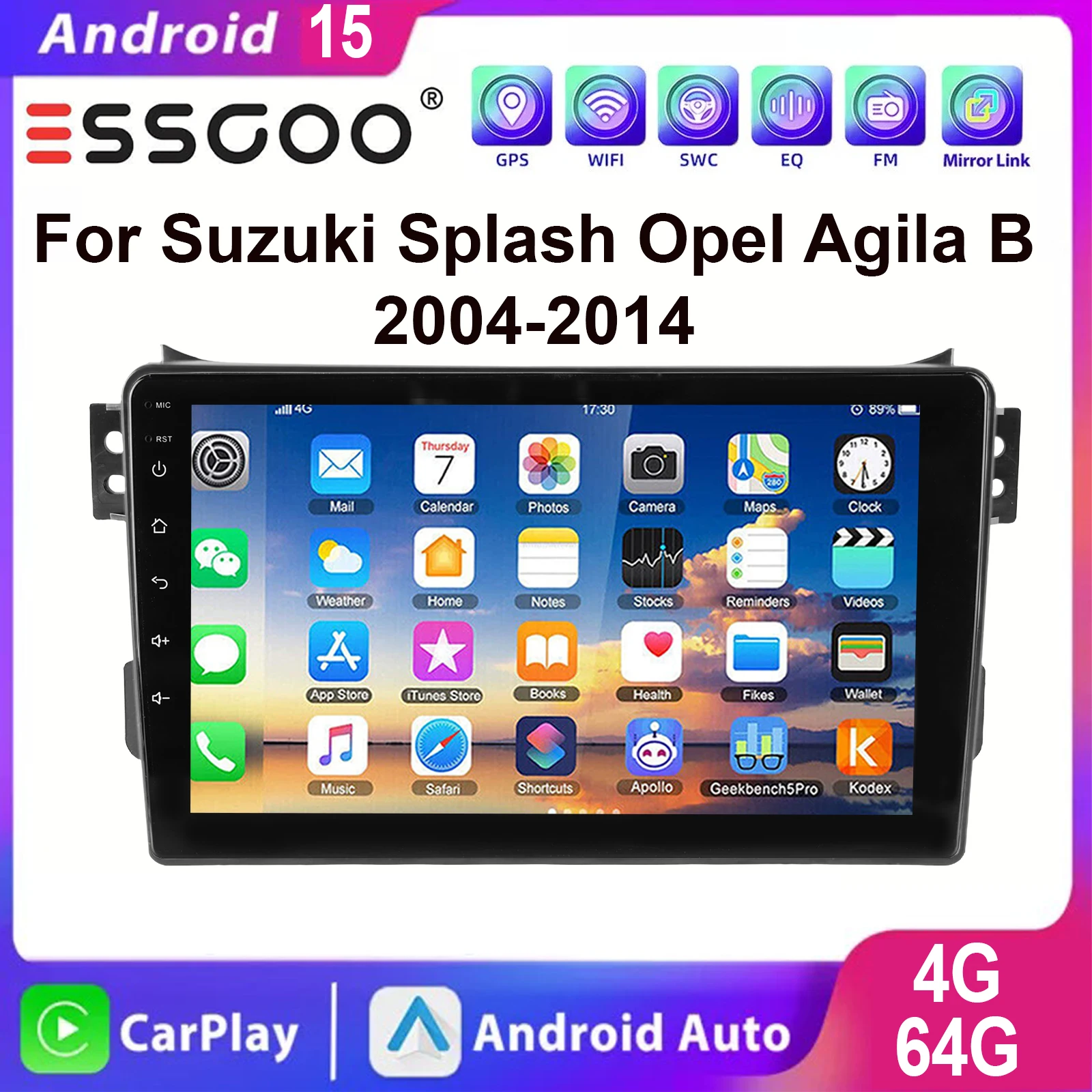 ESSGOO Android 15 Apple CarPlay Android Auto Wireless Per Suzuki Splash Agila B 2004-2014 Autoradio Display Touch IPS 9 Pollici GPS Navigazione WIFI Controlli al Volante USB Bluetooth Mirror Link