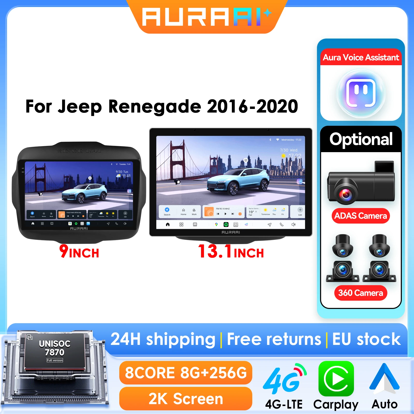 Autoradio Intelligente Android 13 8G 256G ARAI per Jeep Renegade 2016-2020 con GPS, CarPlay, ADAS, DSP, Telecamera 360°, Schermo 2K 3D 7870