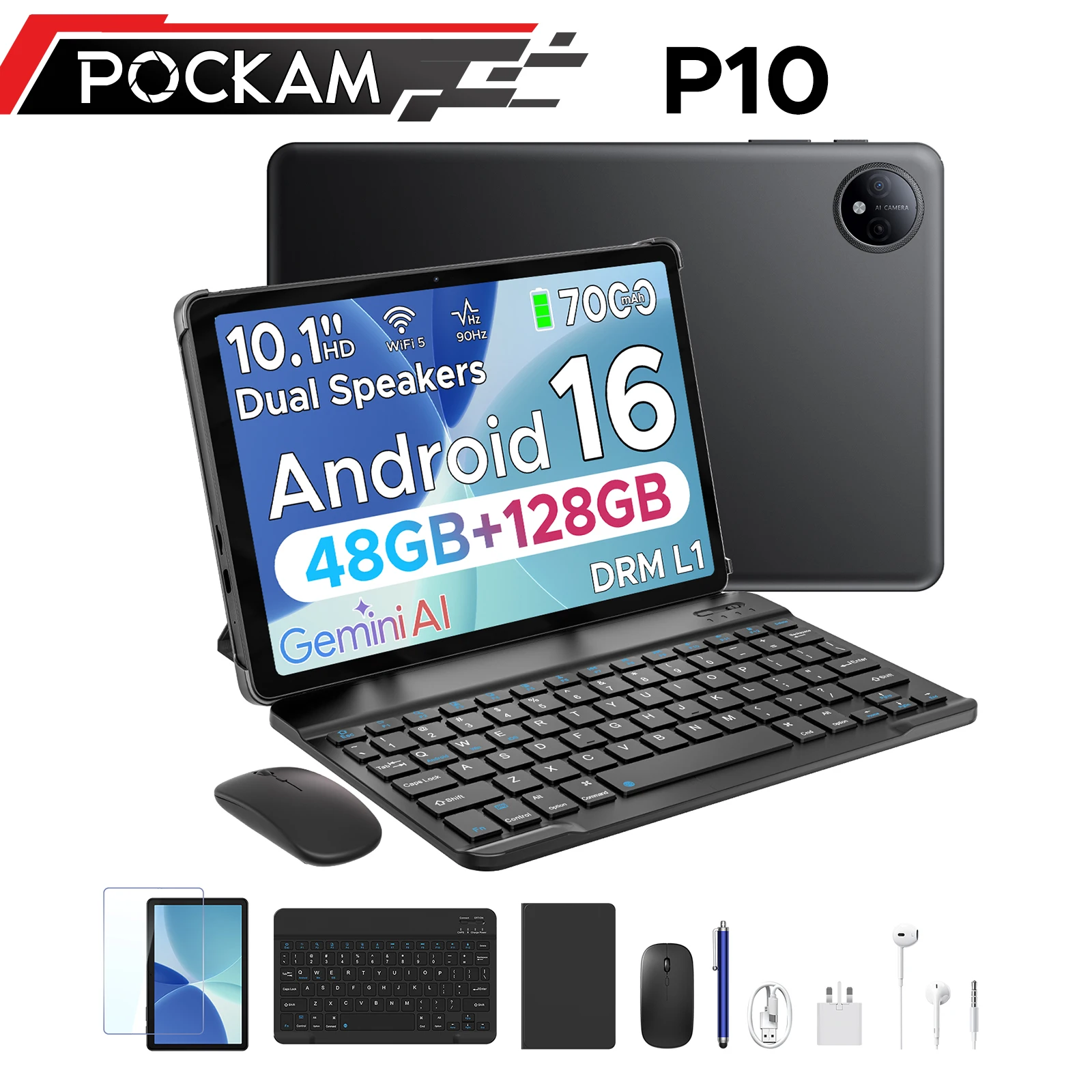 POCKAM P10 Tablet PC Android 16 2 in 1 da 10.1 Pollici, Tablet con AI Gemini, 48GB RAM (8+40), 128GB ROM, Batteria da 7000mAh, Supporto Widevine L1