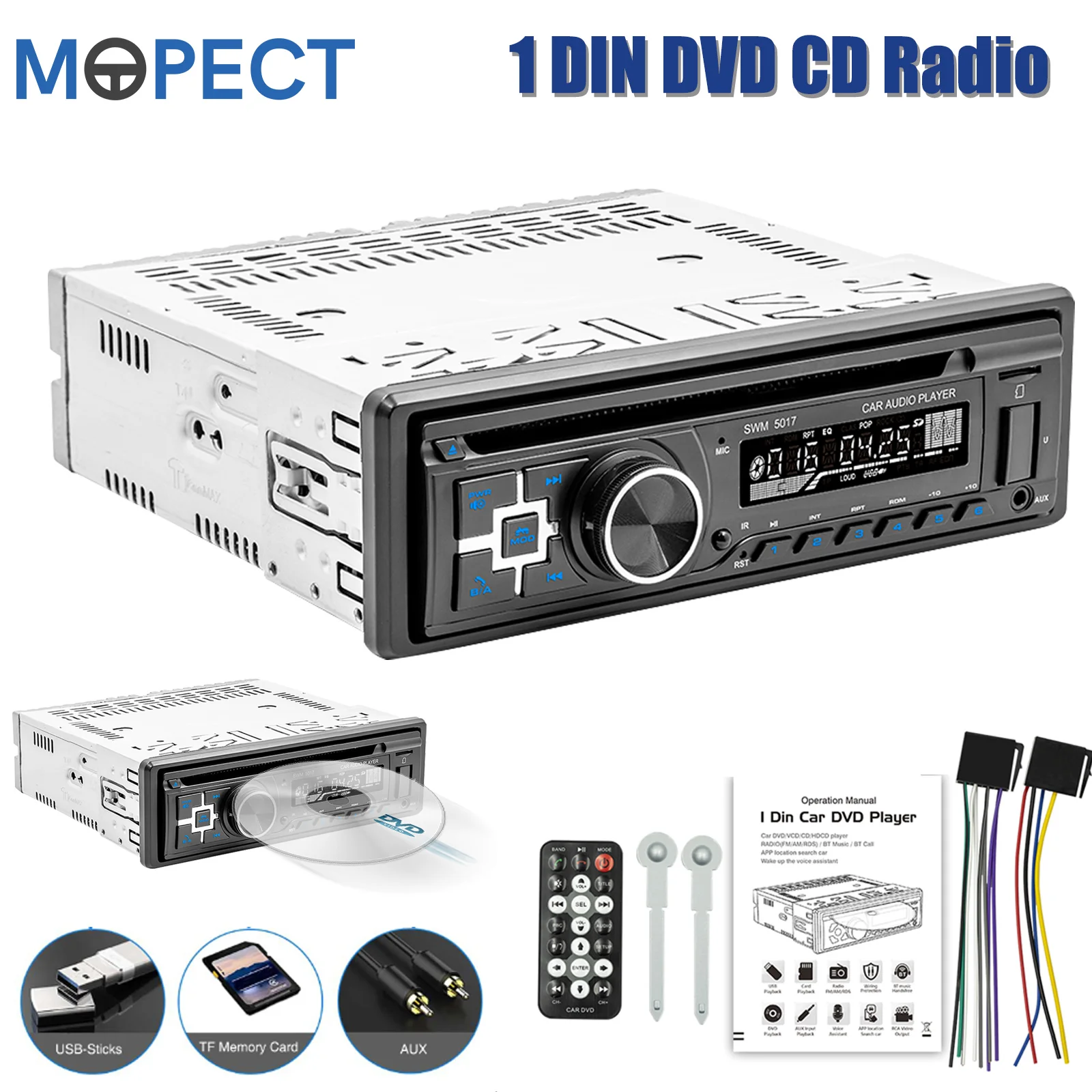 Autoradio universale MOPECT con lettore CD/DVD, USB, AUX, Bluetooth, vivavoce, 1 DIN, radio FM integrata.