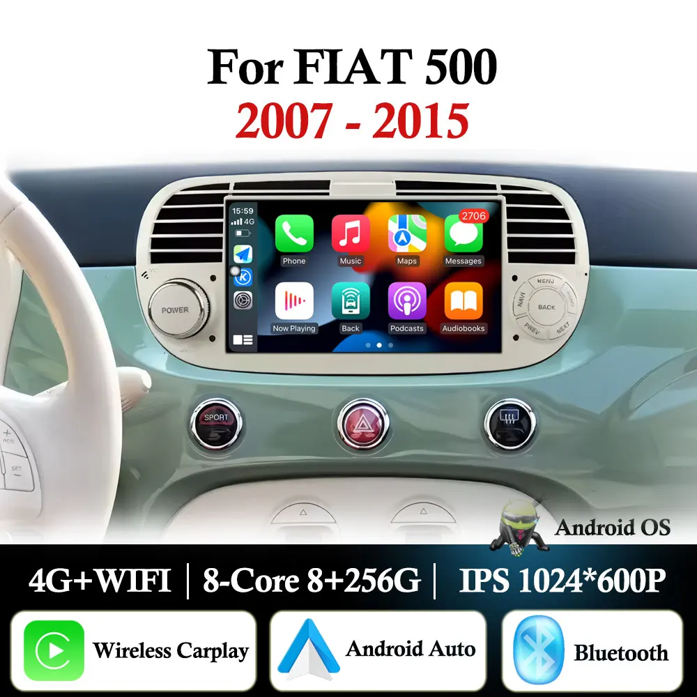 Autoradio Android 16 da 7 pollici per FIAT 500 2007-2015 con Carplay Wireless, Lettore Multimediale Video, Navigatore GPS, WIFI, BT, DSP e Stereo