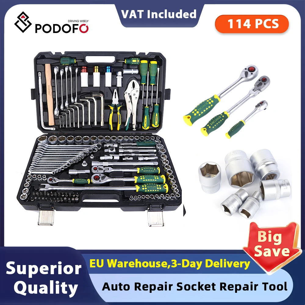 Podofo Set di 144 Pezzi per Riparazione Auto, Kit di Attrezzi con Valigetta, Set di Chiavi a Bussola e Chiavi a Cricchetto per Riparazioni Meccaniche