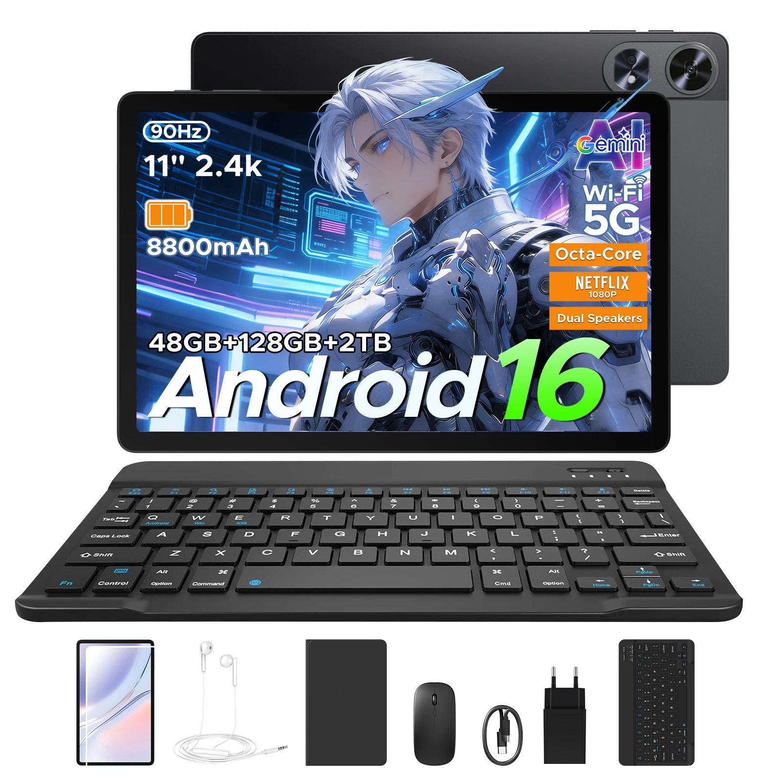 POCKAM P11 Pro Tablet PC Android 16 11" 2 in 1 con Gemini AI, 48GB RAM (8+40GB), 128GB ROM, Batteria 8800mAh, Supporto Widevine L1