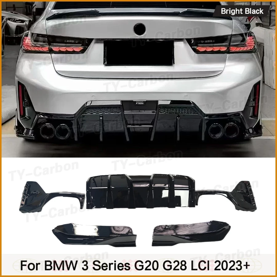 Diffusori posteriori VTEN per paraurti BMW Serie 3 G20 G28 LCI Sport 320I 330I 2023+ in PP nero lucido, kit carrozzeria per paraurti posteriore.