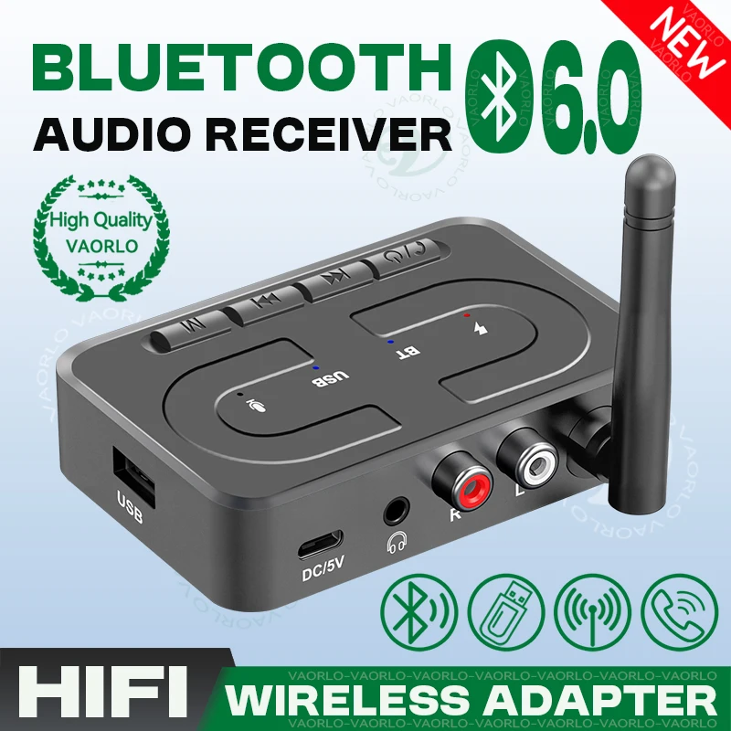 Ricevitore audio Bluetooth 6.0 VAORLO da 3,5 mm AUX R/L RCA HD Mic HIFI Adattatore stereo wireless con antenna Supporta la riproduzione di dischi USB U per altoparlanti per auto Amplificatore Desktop