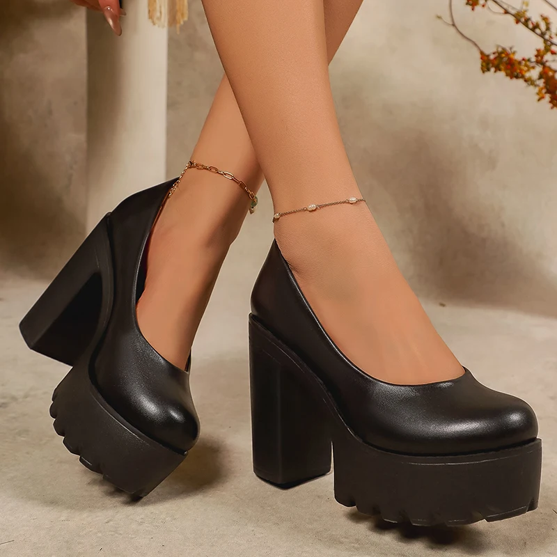 2026 Fashion Chunky Platform Pumps Women Black Super High Heels Pu Leather Loafers Woman Plus Size 43 Office High Heel Shoes