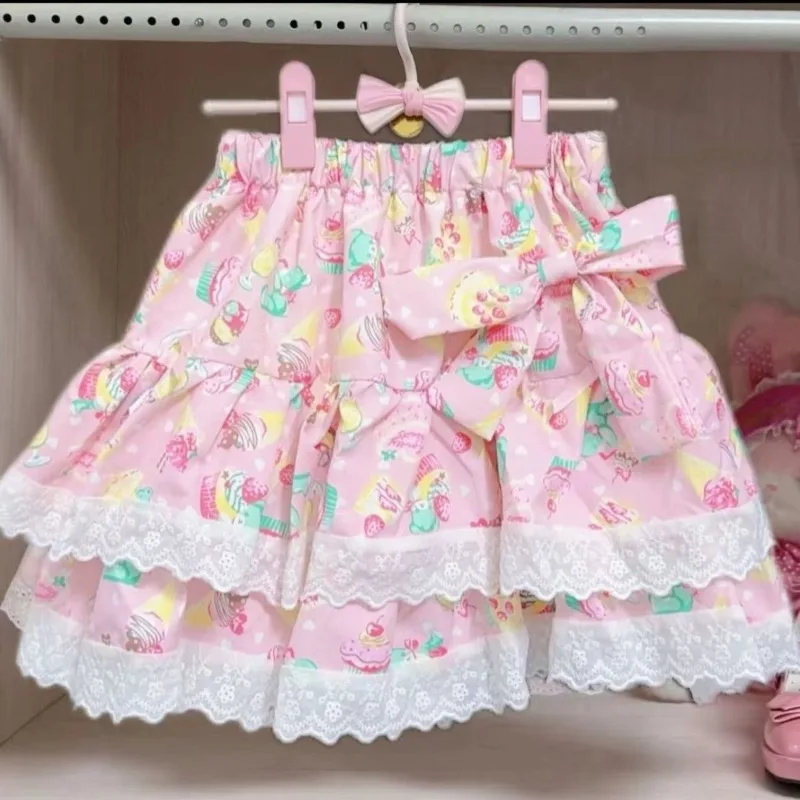 Gonne torta con stampa dolce giapponese Kawaii Gonna a pieghe patchwork in pizzo stile Lolita da donna Minigonna a trapezio a vita alta Y2k estiva