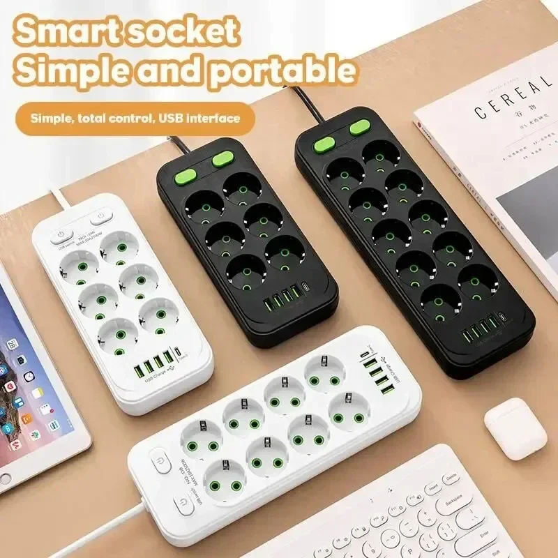 EU-Stecker Mehrfachsteckdose mit 2m Verlängerungskabel, Elektrische Steckdose mit Smart-USB, Überspannungsschutz und Netzwerkfilter für Zuhause und Büro Image
