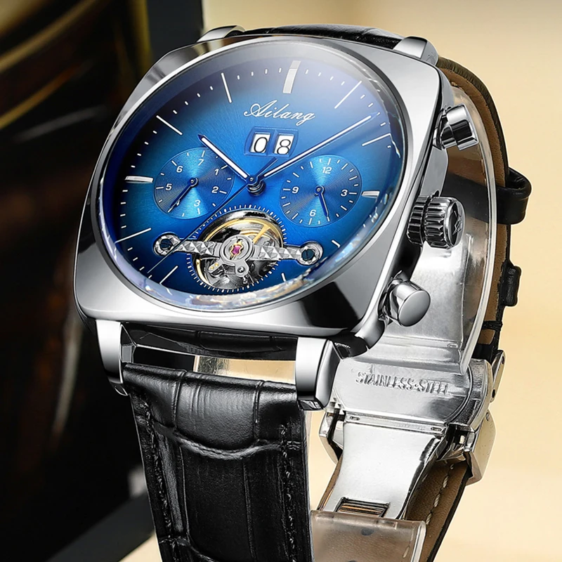 AILANG Berühmte brandneue quadratische mechanische Uhren mit großem Zifferblatt, luxuriöses Lederarmband, wasserdichte automatische Tourbillon-Uhr für Herren Image