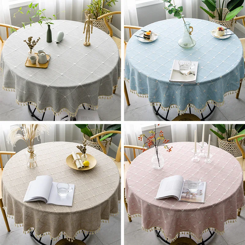 Runde Tischdecke aus Baumwollleinen, waschbare, karierte Boho-Tischdecke mit Quasten, rustikale Bauernhaus-Tischdecken für Party, Hochzeit Image