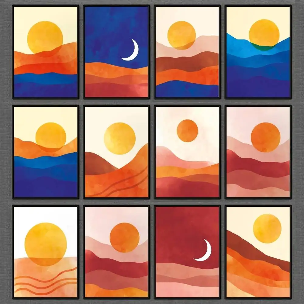 Retro-Bohemien-Stil, abstrakter Horizont, Wüste, Sonne, Mond, bunter Minimalismus, Poster, Zuhause, Wohnzimmer, Schlafzimmer, Eingang, Wanddekoration Image