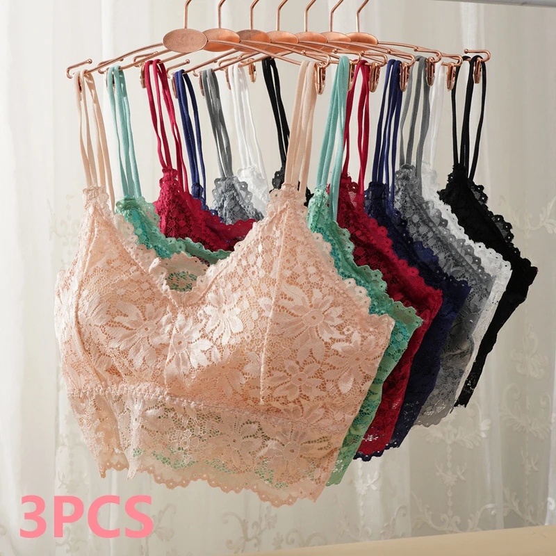 Lot de 3 Soutiens-gorge en dentelle pour femme, couleur unie, sexy, sans couture, confortables, bralette ajourée sans armatures, lingerie féminine