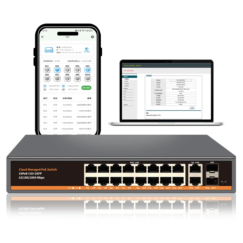 Switch Ethernet PoE Giga entièrement géré à 16 ports avec fonctions VLAN, ports SFP 1000 Mbps, switches réseau pour PC