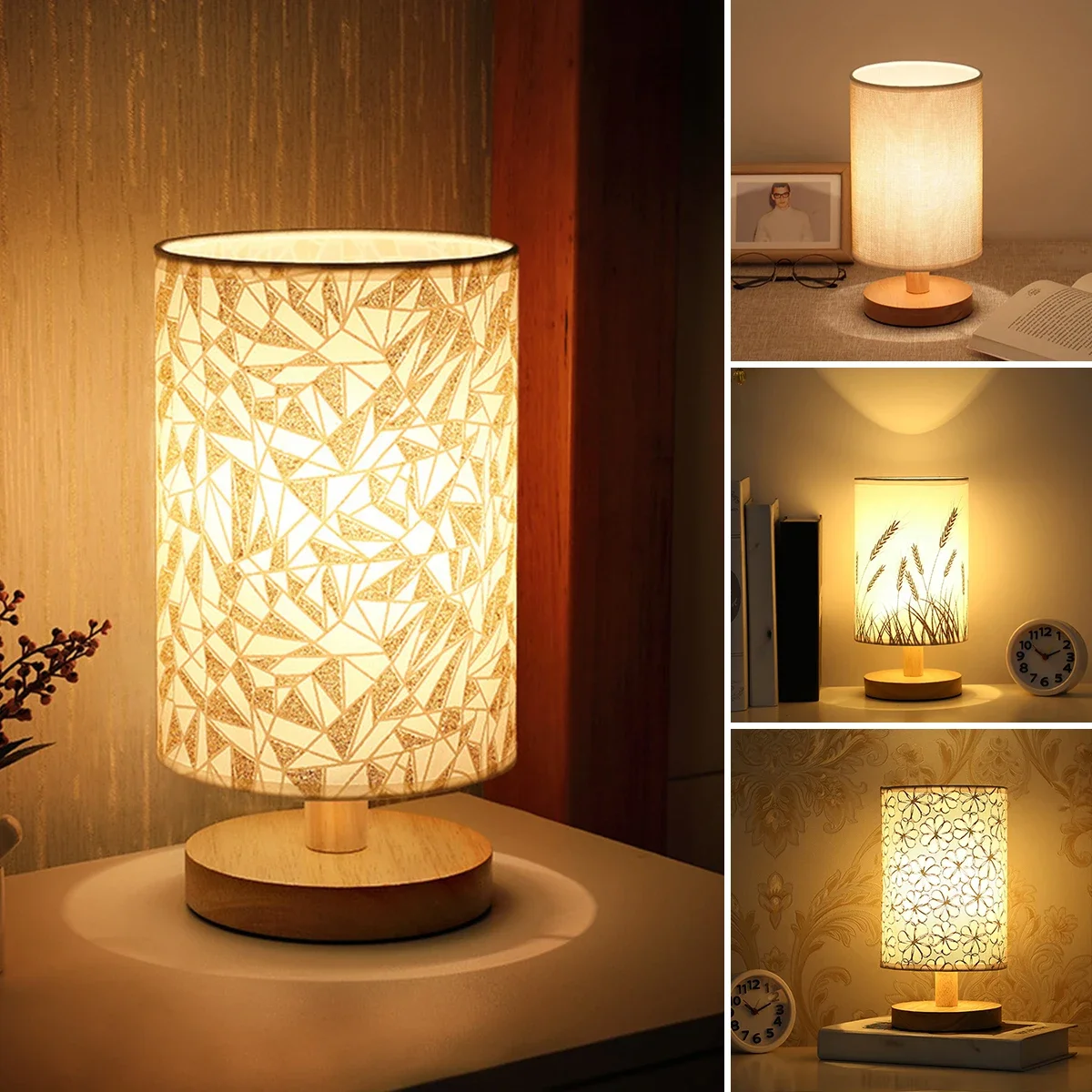 Lampe de Table en lin LED lampe de nuit en lin avec lumière blanche chaude lampe de chevet en lin alimenté par USB en bois à côté de la lampe