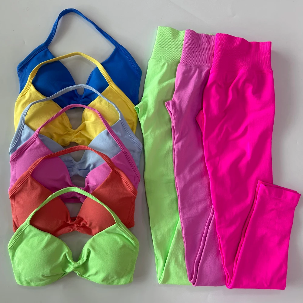 Ensemble de 2 pièces pour femmes, soutien-gorge de Yoga à bretelles, haut de sport, Leggings d'exercices, sans couture, vêtements de Fitness, tenue de sport