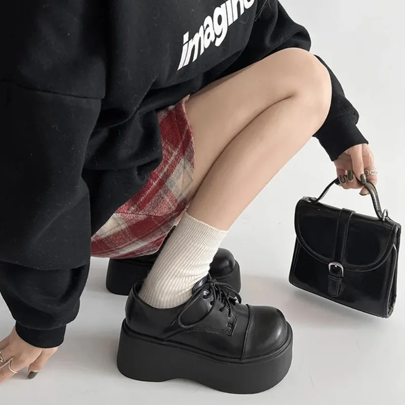 Gothic-Plattform-Wedges, Damen-Pumps, Schuhe, Schnür-Damen-Loafer, Punk, elegant, Büroarbeit, Schwarz, 2025, neue Damenschuhe