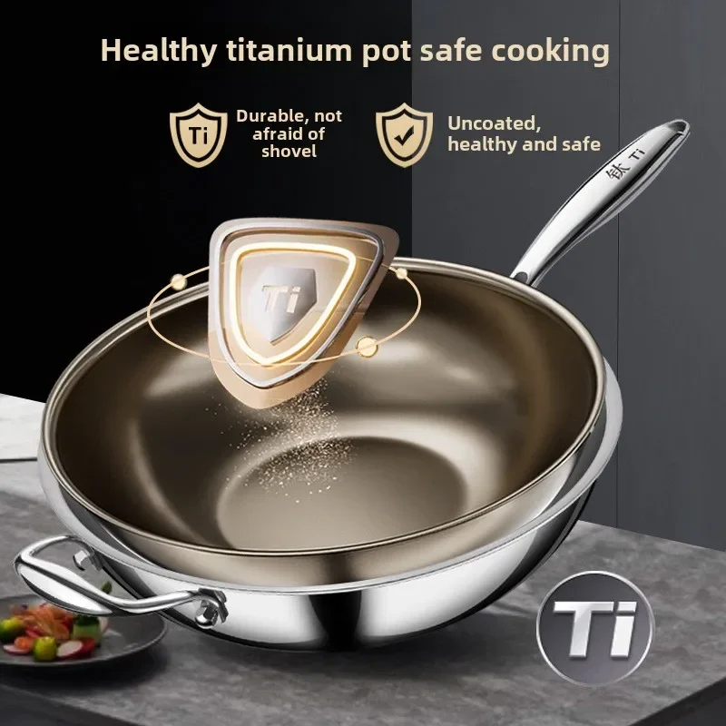 Wok-Pfanne aus reinem Titan – unbeschichtete Antihaft-Bratpfanne für Gas- und Induktionskochfelder – universelle Haushaltspfanne Image