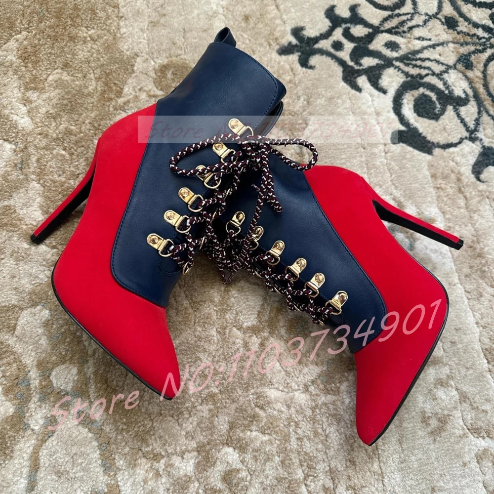 Rote und blaue High Heels für Damen, Schuhe, Patchwork, spitze Zehen, Schnalle, Schnürung, kurze Stiefel, Damen, trendige Party, Street-Style-Booties