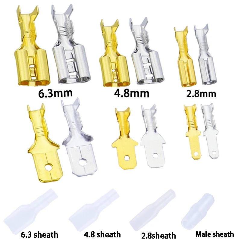 100Pcs 2,8mm 4,8mm 6,3mm Stecker Frühling Weiblich Männlich Spaten Kalt Crimp Terminals Stecker Auto Lautsprecher Elektrische draht anschlüsse Set Image