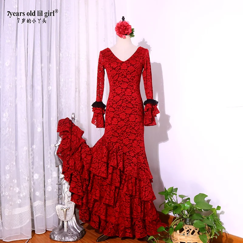 Original Spanish Practice Show Flamengo meistverkauftes Spitzenkleid mit V-Ausschnitt DTT60 Image