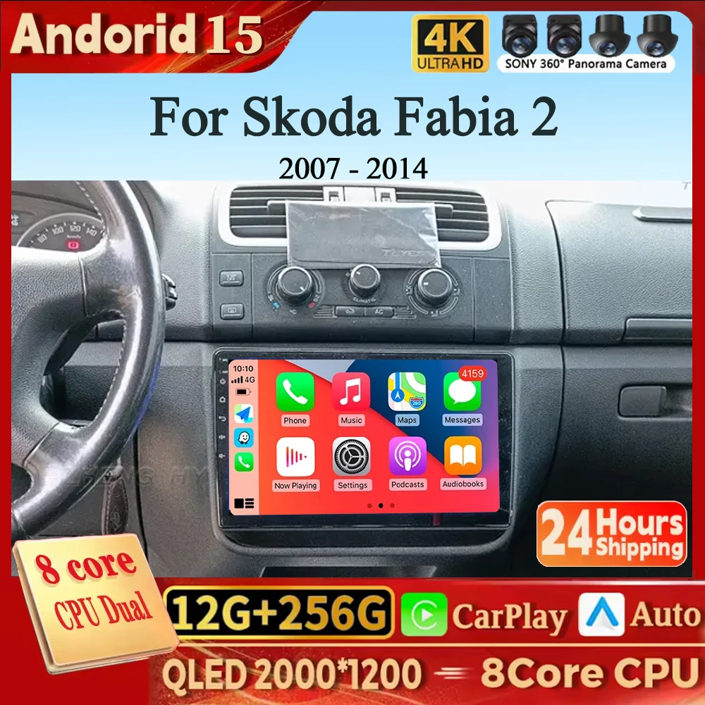 Für Skoda Fabia 2 2007-2014 Android 15 Carplay Auto 2K Bildschirm Auto Radio Multimedia Player WIFI + 4G Autoradio Stereo 4G WIFI GPS Image