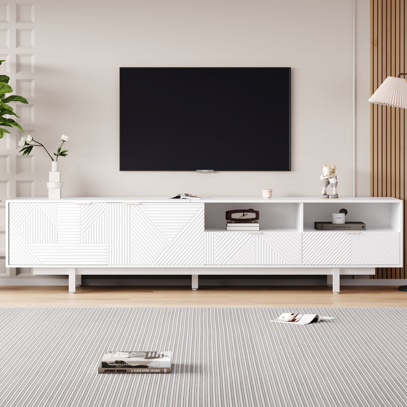 Okwish - Mobile Porta Tv Moderno In Stile Bohémien, Mobile Porta Tv Con Linee Geometriche Bianche Astratte, Mobile Porta Tv Minimalista Moderno Con Spazio Di Archiviazione, 200 X 40 X 51 Cm, Può Contenere Tv F