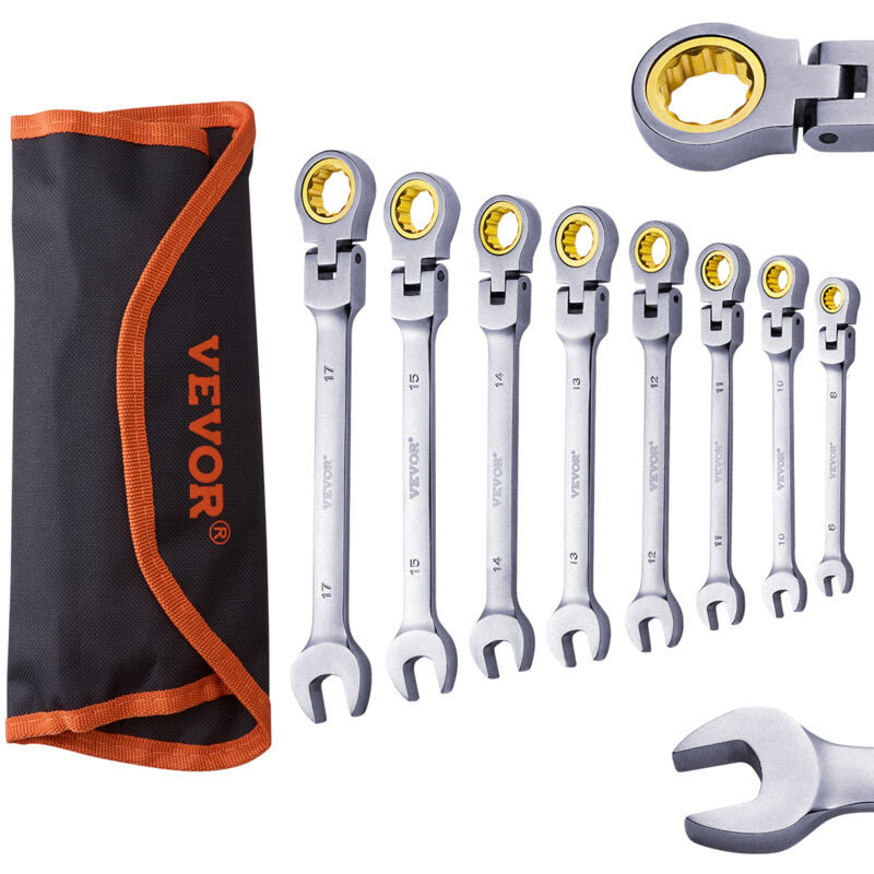 Vevor Set Di Chiavi A Cricchetto Con Testa Flessibile, Set Di Chiavi Combinate 8 Pz Con Borsa A Rullo, Set Di Chiavi A Cricchetto Flessibili In Acciaio Cr-v Metrico 8 Mm-17 Mm Riparazioni Domestiche