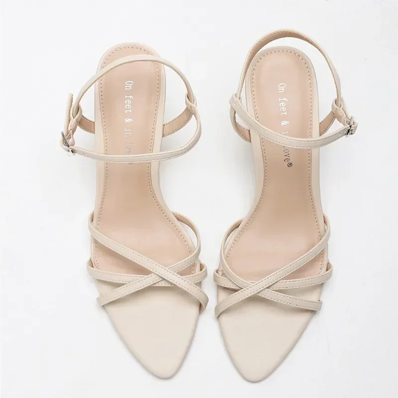 Elegant Ankle Strap Pointed Toe Design Heels Sandals Women Fashion Narrow Band Slide Sandals Concise Comfort Dress Office Shoes